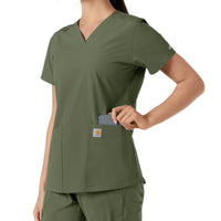 Force Essentials Women's V-Neck Knit Panel Scrub Top Olive back detail