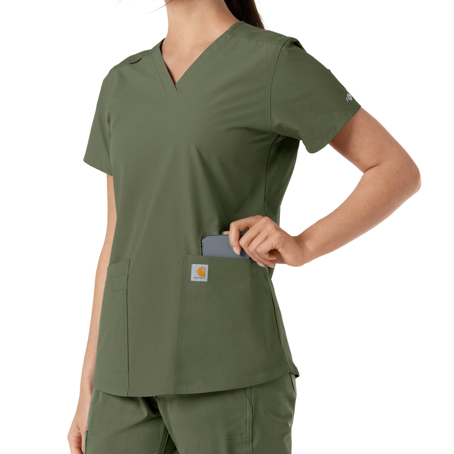Force Essentials Women's V-Neck Knit Panel Scrub Top Olive back detail