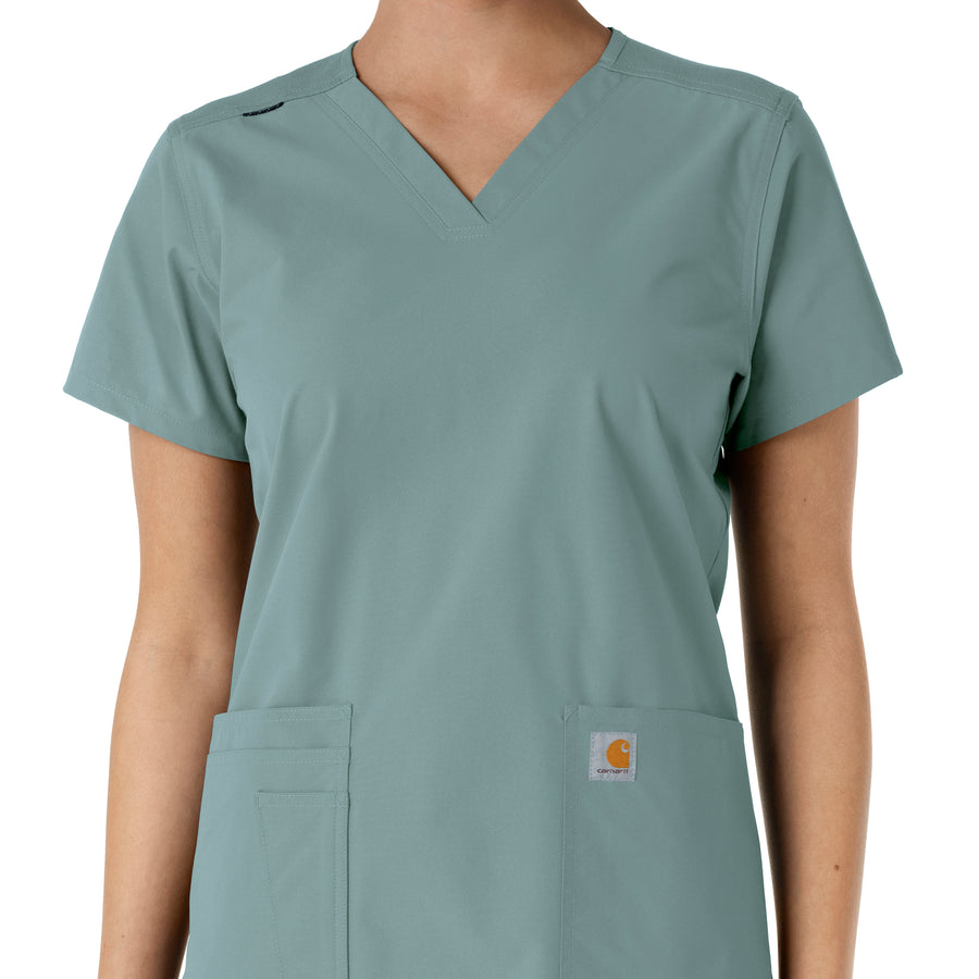 Force Essentials Women's V-Neck Knit Panel Scrub Top Summer Blue front detail