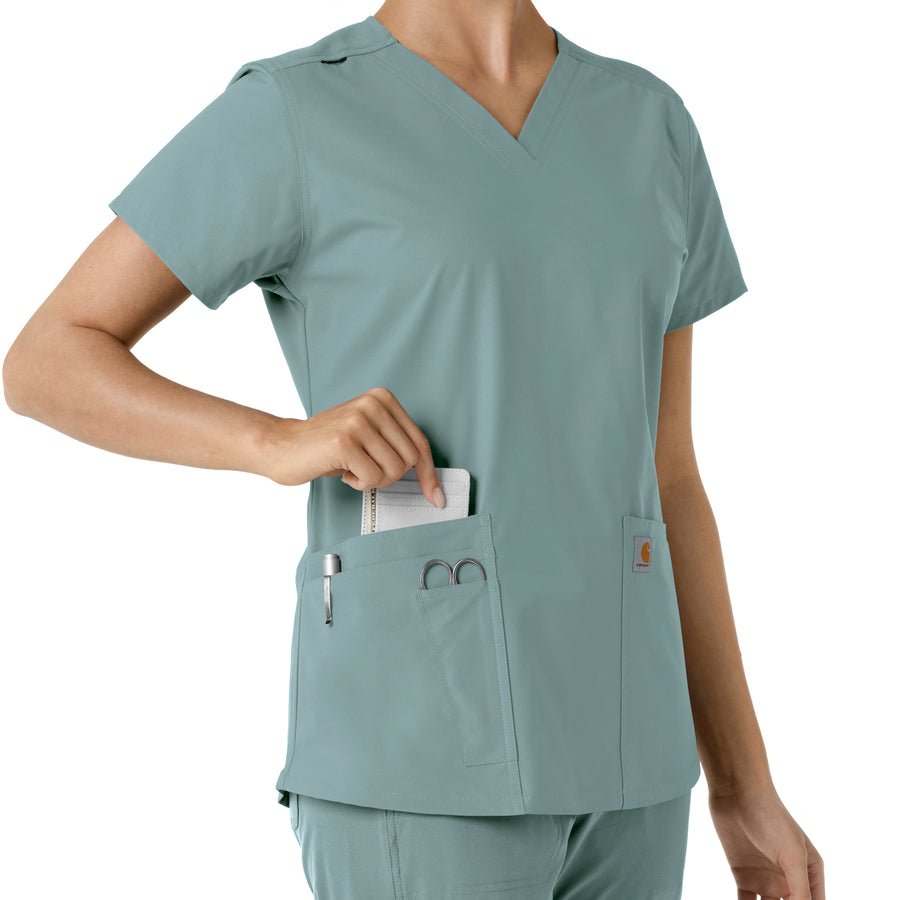 Force Essentials Women's V-Neck Knit Panel Scrub Top Summer Blue side detail 2