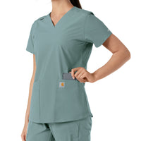 Force Essentials Women's V-Neck Knit Panel Scrub Top Summer Blue back detail