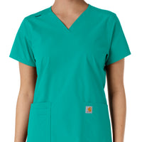 Force Essentials Women's V-Neck Knit Panel Scrub Top Teal front detail