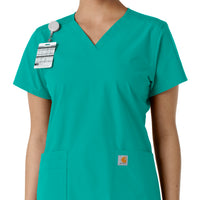 Force Essentials Women's V-Neck Knit Panel Scrub Top Teal side detail 1