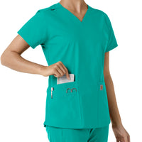 Force Essentials Women's V-Neck Knit Panel Scrub Top Teal side detail 2