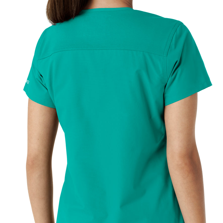 Force Essentials Women's V-Neck Knit Panel Scrub Top Teal hemline detail