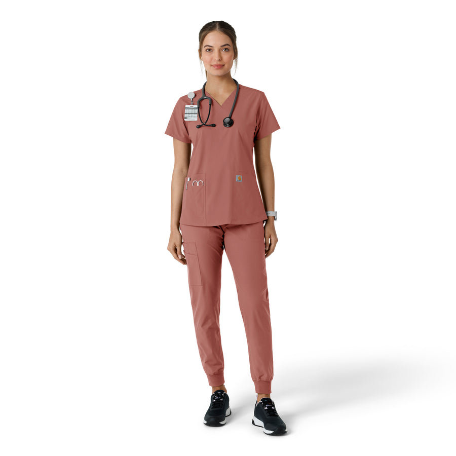 Force Essentials Women's V-Neck Knit Panel Scrub Top Wildrose full scrub set