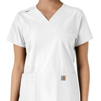 Force Essentials Women's V-Neck Knit Panel Scrub Top White front detail