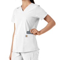 Force Essentials Women's V-Neck Knit Panel Scrub Top White back detail