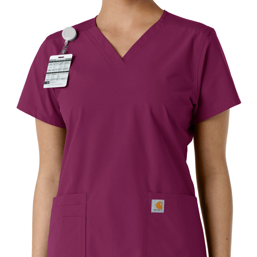 Force Essentials Women's V-Neck Knit Panel Scrub Top Wine side detail 1
