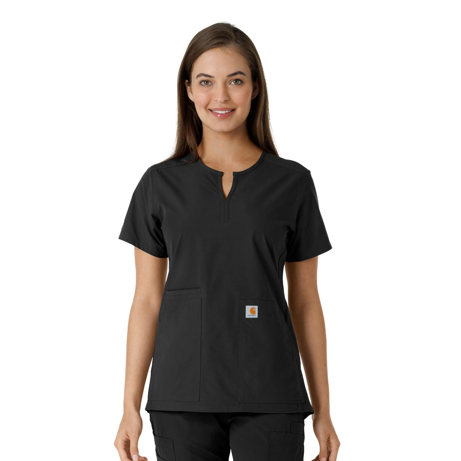 Force Essentials Women's Notch Neck Tunic Knit Panel Scrub Top Black