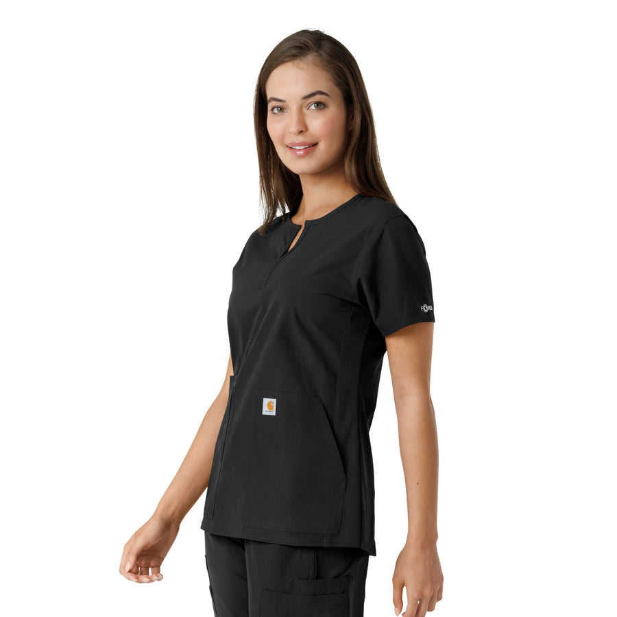 Force Essentials Women's Notch Neck Tunic Knit Panel Scrub Top Black side view