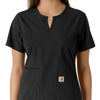 Force Essentials Women's Notch Neck Tunic Knit Panel Scrub Top Black front detail