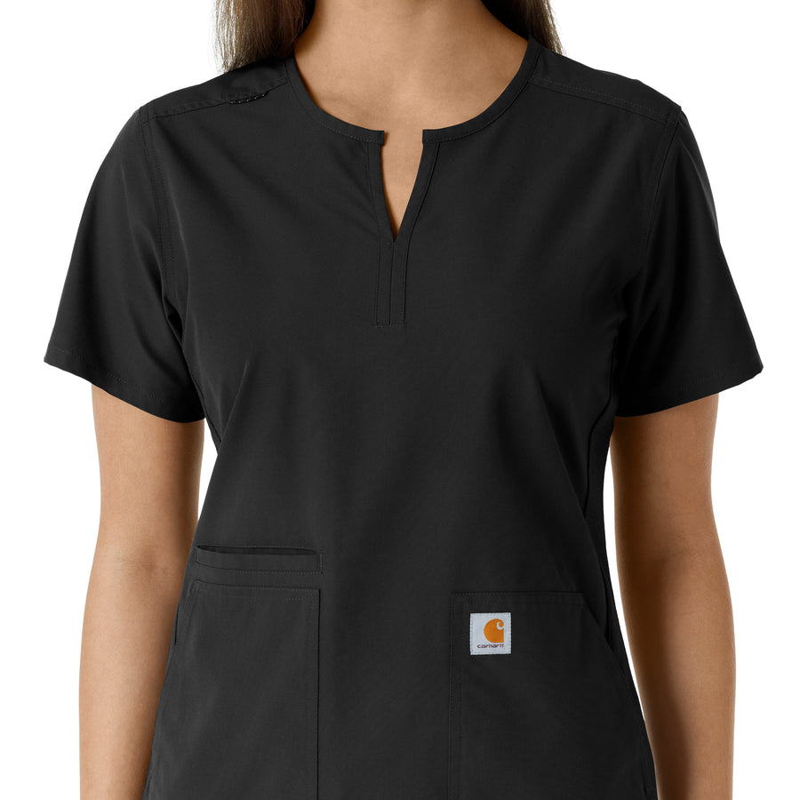 Force Essentials Women's Notch Neck Tunic Knit Panel Scrub Top Black front detail
