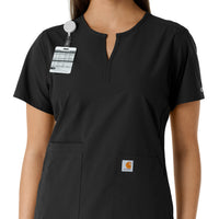Force Essentials Women's Notch Neck Tunic Knit Panel Scrub Top Black side detail 1