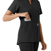 Force Essentials Women's Notch Neck Tunic Knit Panel Scrub Top Black side detail 2