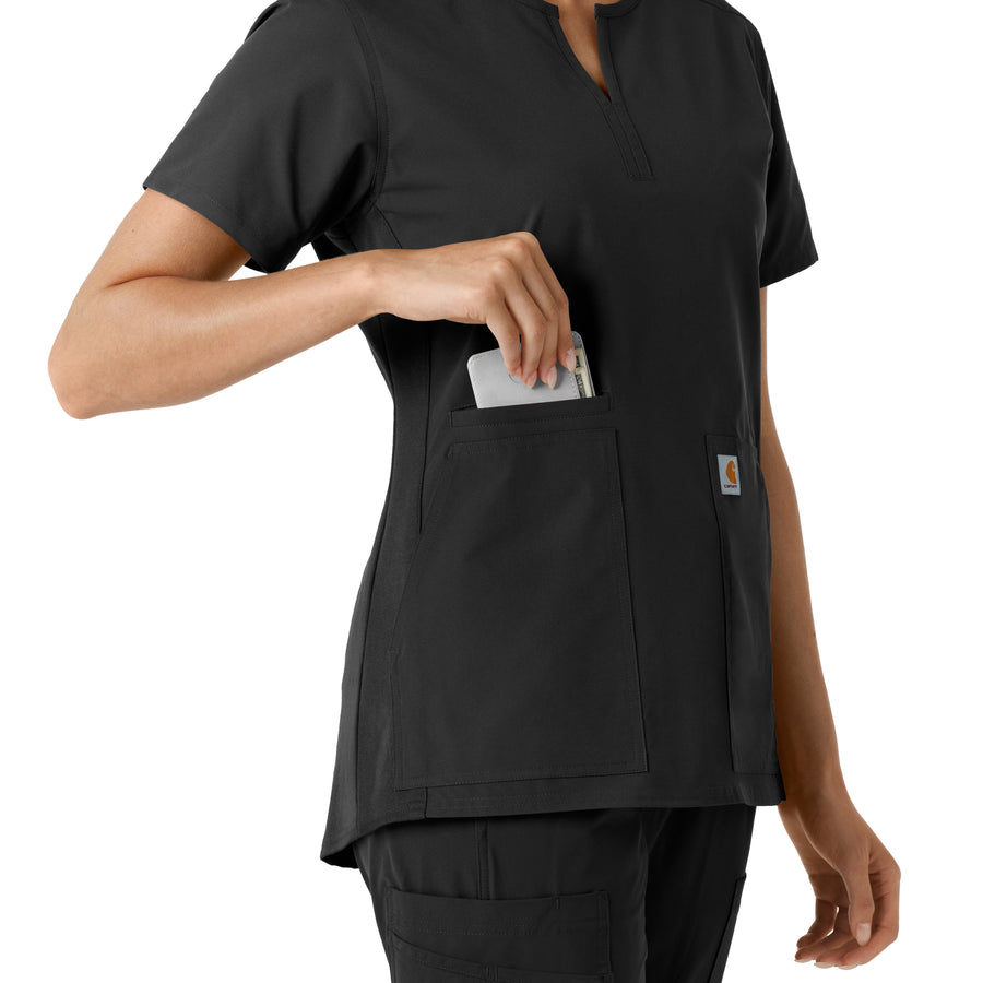 Force Essentials Women's Notch Neck Tunic Knit Panel Scrub Top Black side detail 2
