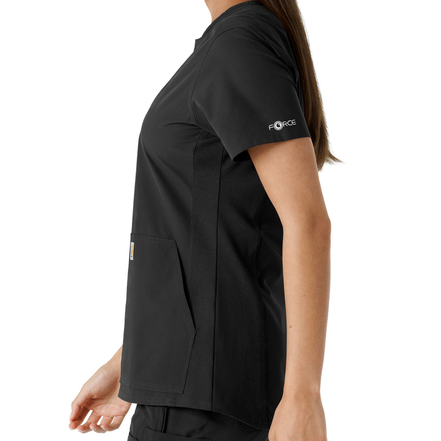 Force Essentials Women's Notch Neck Tunic Knit Panel Scrub Top Black back detail
