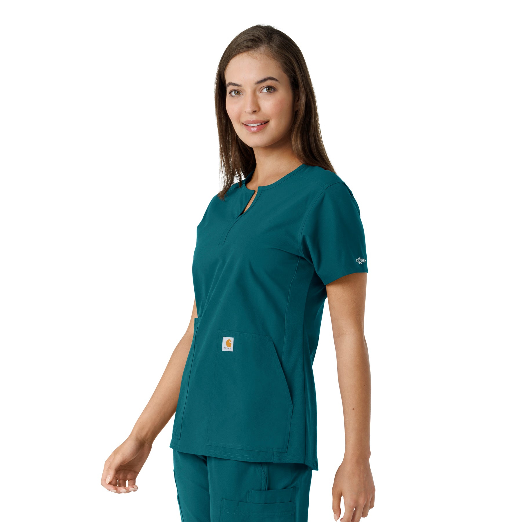 Force Essentials Women's Notch Neck Tunic Knit Panel Scrub Top Caribbean side view