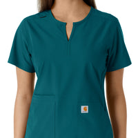 Force Essentials Women's Notch Neck Tunic Knit Panel Scrub Top Caribbean front detail