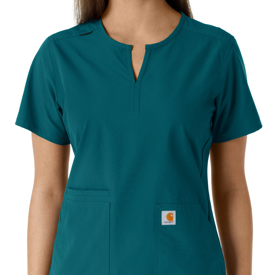 Force Essentials Women's Notch Neck Tunic Knit Panel Scrub Top Caribbean front detail