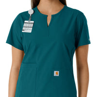 Force Essentials Women's Notch Neck Tunic Knit Panel Scrub Top Caribbean side detail 1