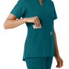 Force Essentials Women's Notch Neck Tunic Knit Panel Scrub Top Caribbean side detail 2