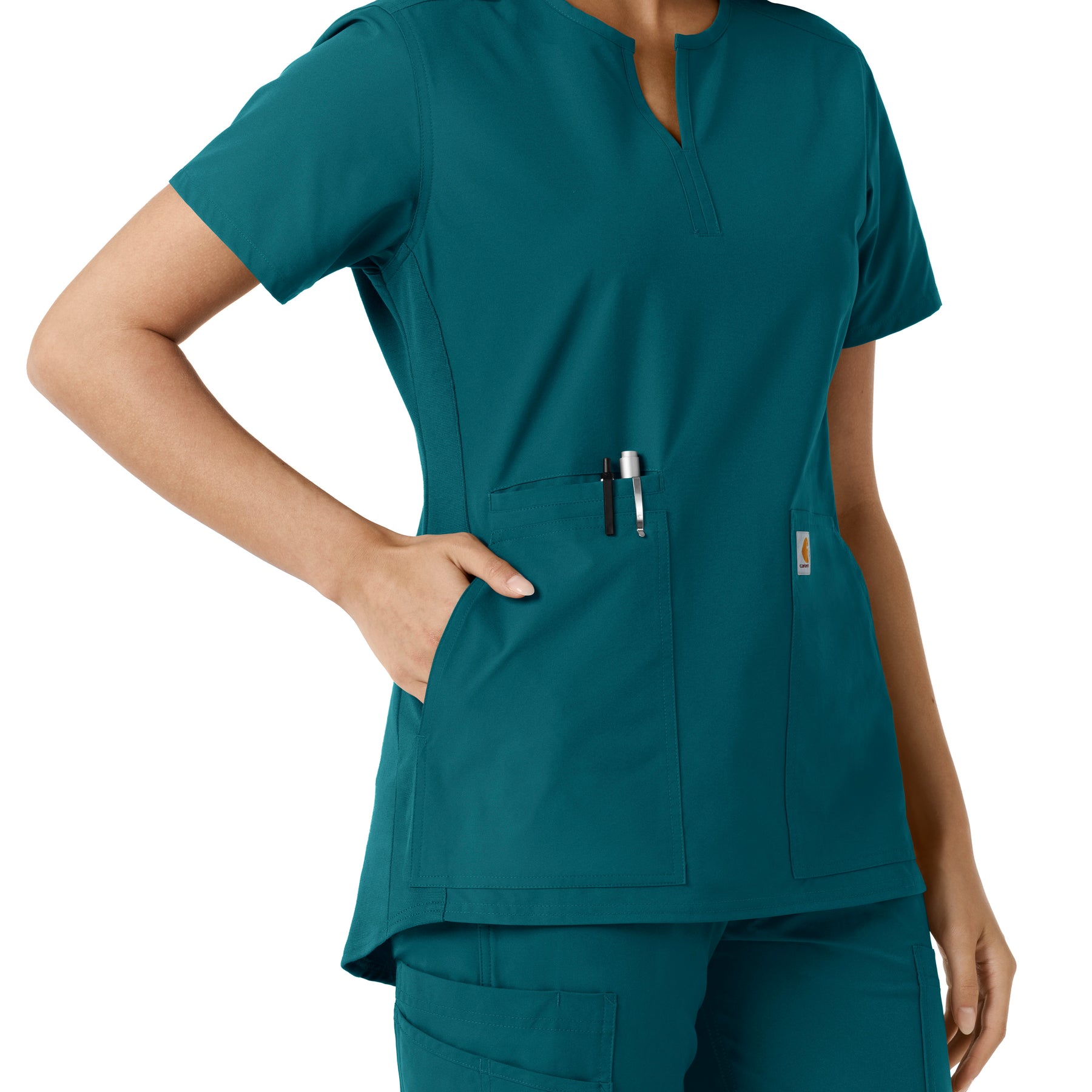 Force Essentials Women's Notch Neck Tunic Knit Panel Scrub Top Caribbean hemline detail