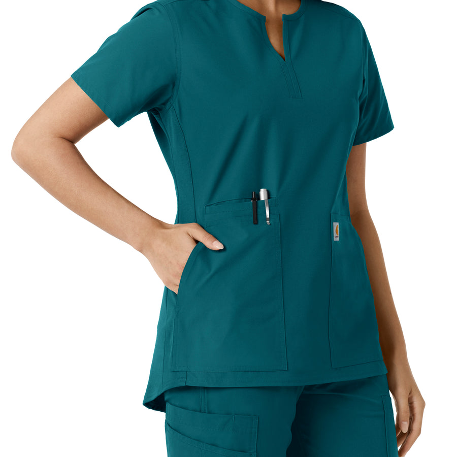 Force Essentials Women's Notch Neck Tunic Knit Panel Scrub Top Caribbean hemline detail