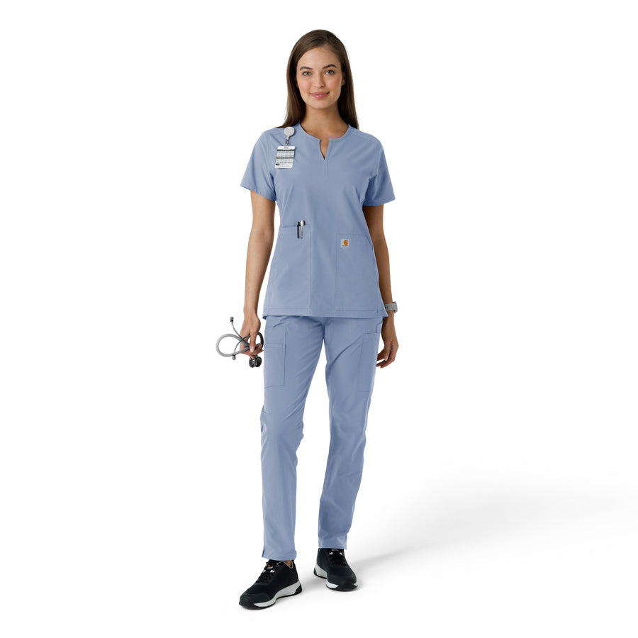 Force Essentials Women's Notch Neck Tunic Knit Panel Scrub Top Ceil Blue full scrub set