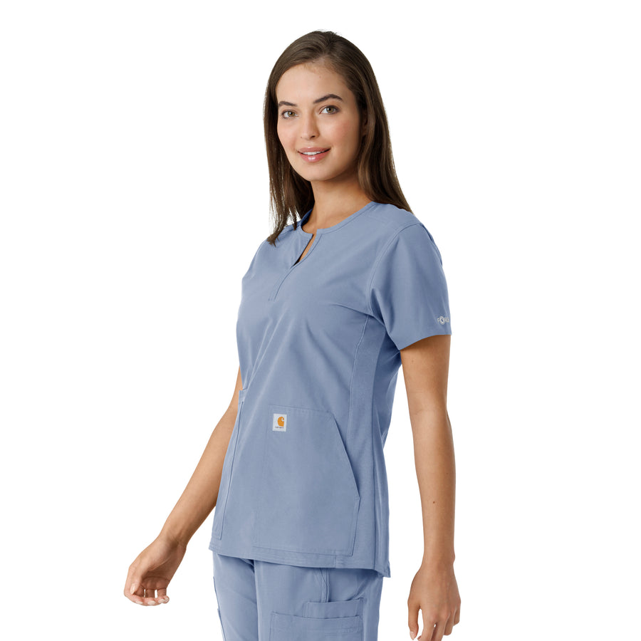 Force Essentials Women's Notch Neck Tunic Knit Panel Scrub Top Ceil Blue side view