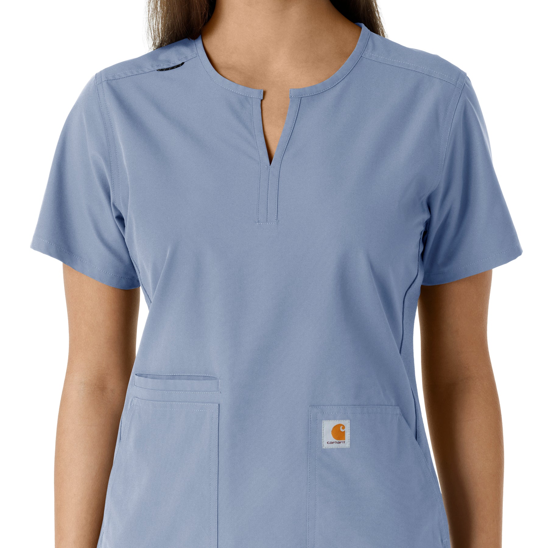 Force Essentials Women's Notch Neck Tunic Knit Panel Scrub Top Ceil Blue front detail