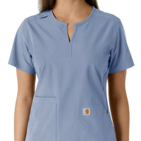 Force Essentials Women's Notch Neck Tunic Knit Panel Scrub Top Ceil Blue front detail