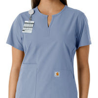 Force Essentials Women's Notch Neck Tunic Knit Panel Scrub Top Ceil Blue side detail 1