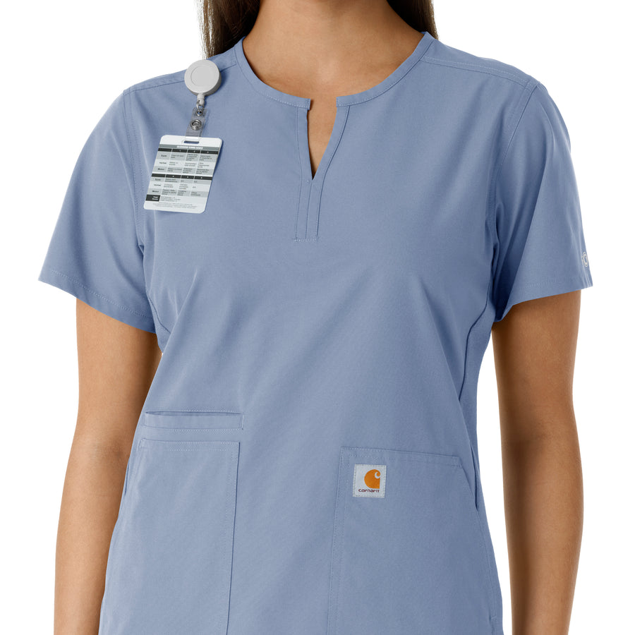 Force Essentials Women's Notch Neck Tunic Knit Panel Scrub Top Ceil Blue side detail 1