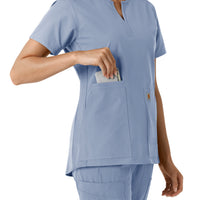 Force Essentials Women's Notch Neck Tunic Knit Panel Scrub Top Ceil Blue side detail 2