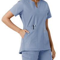 Force Essentials Women's Notch Neck Tunic Knit Panel Scrub Top Ceil Blue hemline detail