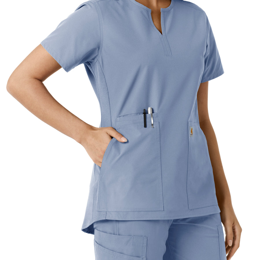 Force Essentials Women's Notch Neck Tunic Knit Panel Scrub Top Ceil Blue hemline detail