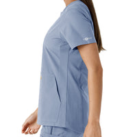 Force Essentials Women's Notch Neck Tunic Knit Panel Scrub Top Ceil Blue back detail