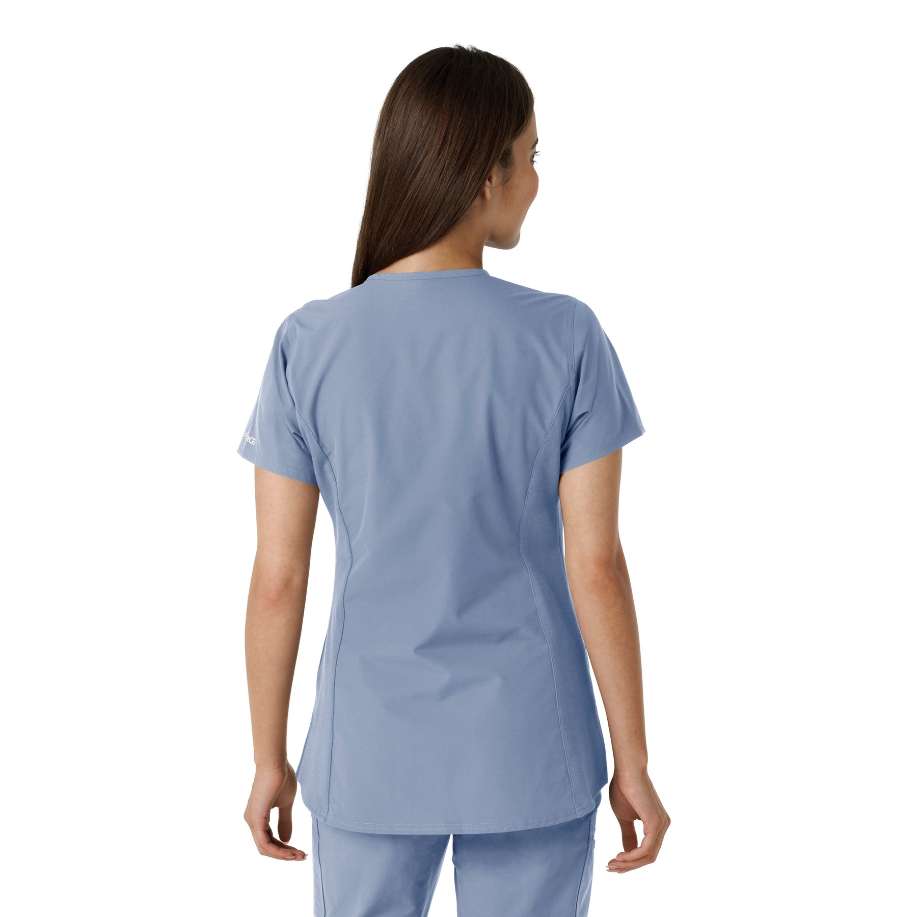 Force Essentials Women's Notch Neck Tunic Knit Panel Scrub Top Ceil Blue back view