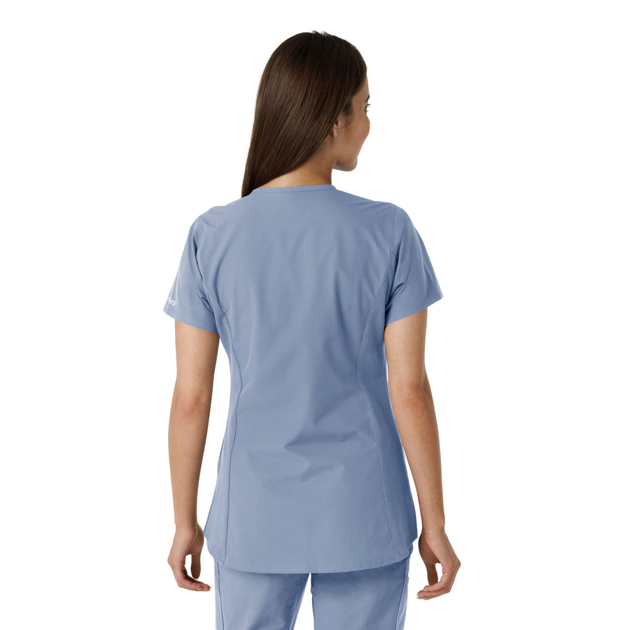 Force Essentials Women's Notch Neck Tunic Knit Panel Scrub Top Ceil Blue back view