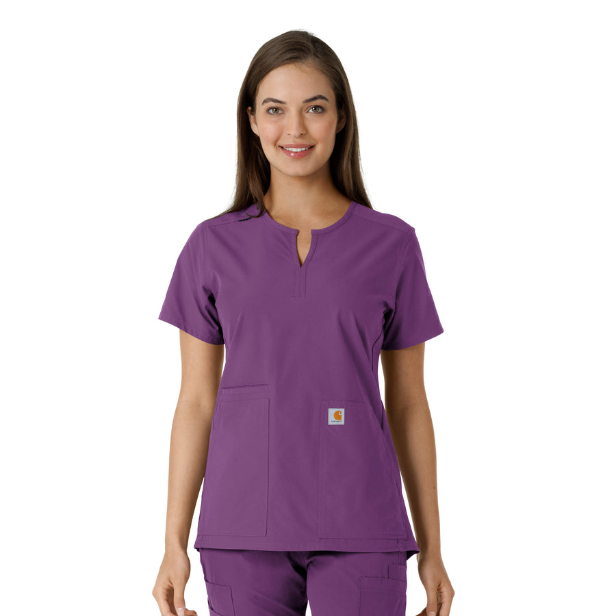 Force Essentials Women's Notch Neck Tunic Knit Panel Scrub Top Eggplant