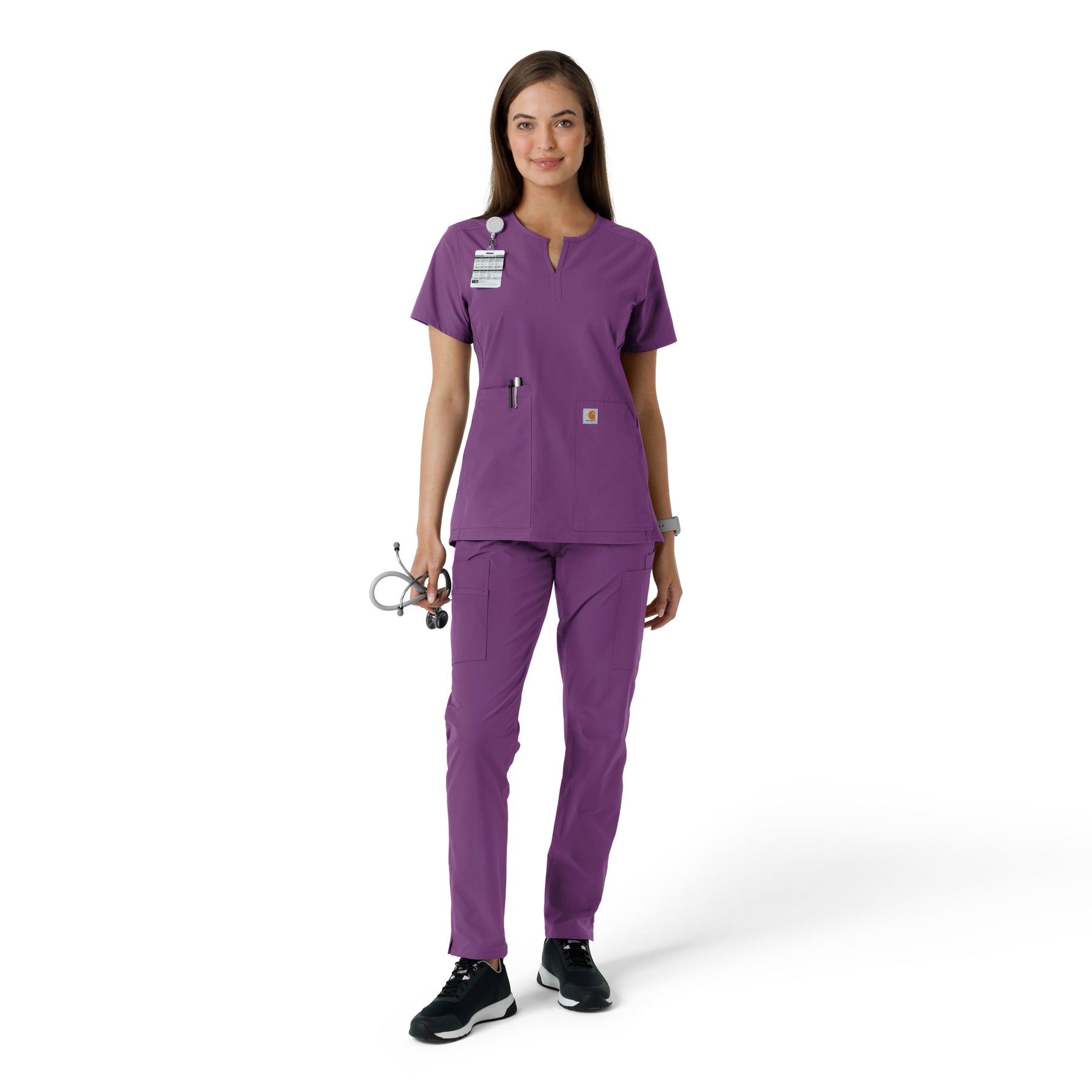 Force Essentials Women's Notch Neck Tunic Knit Panel Scrub Top Eggplant full scrub set