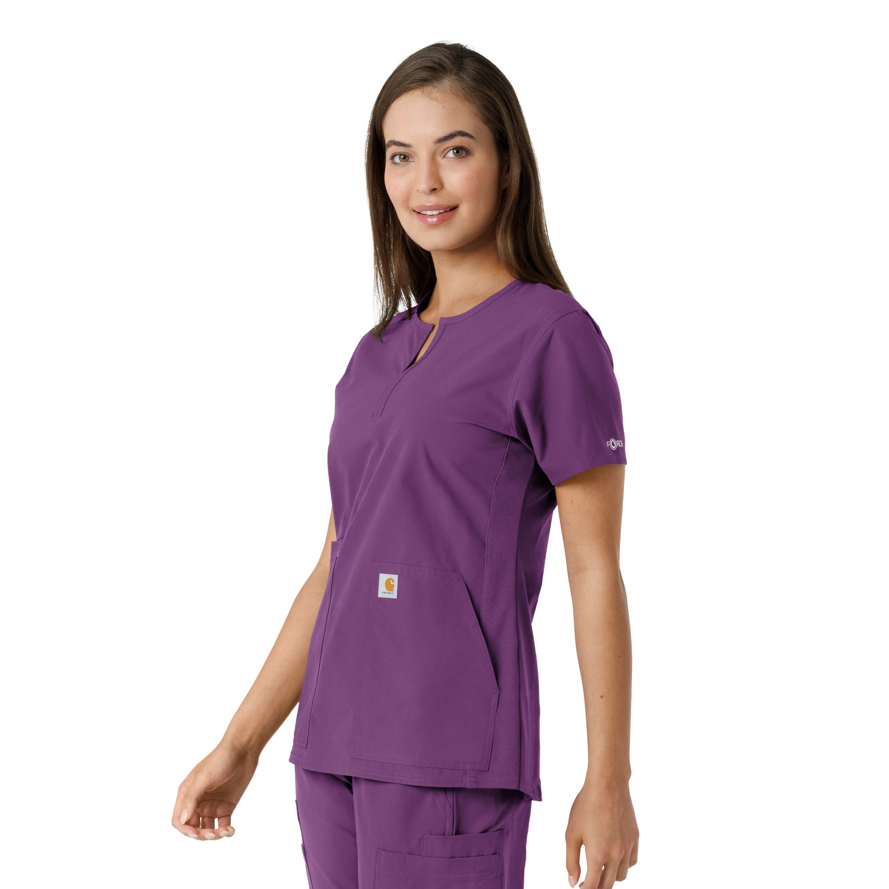 Force Essentials Women's Notch Neck Tunic Knit Panel Scrub Top Eggplant side view