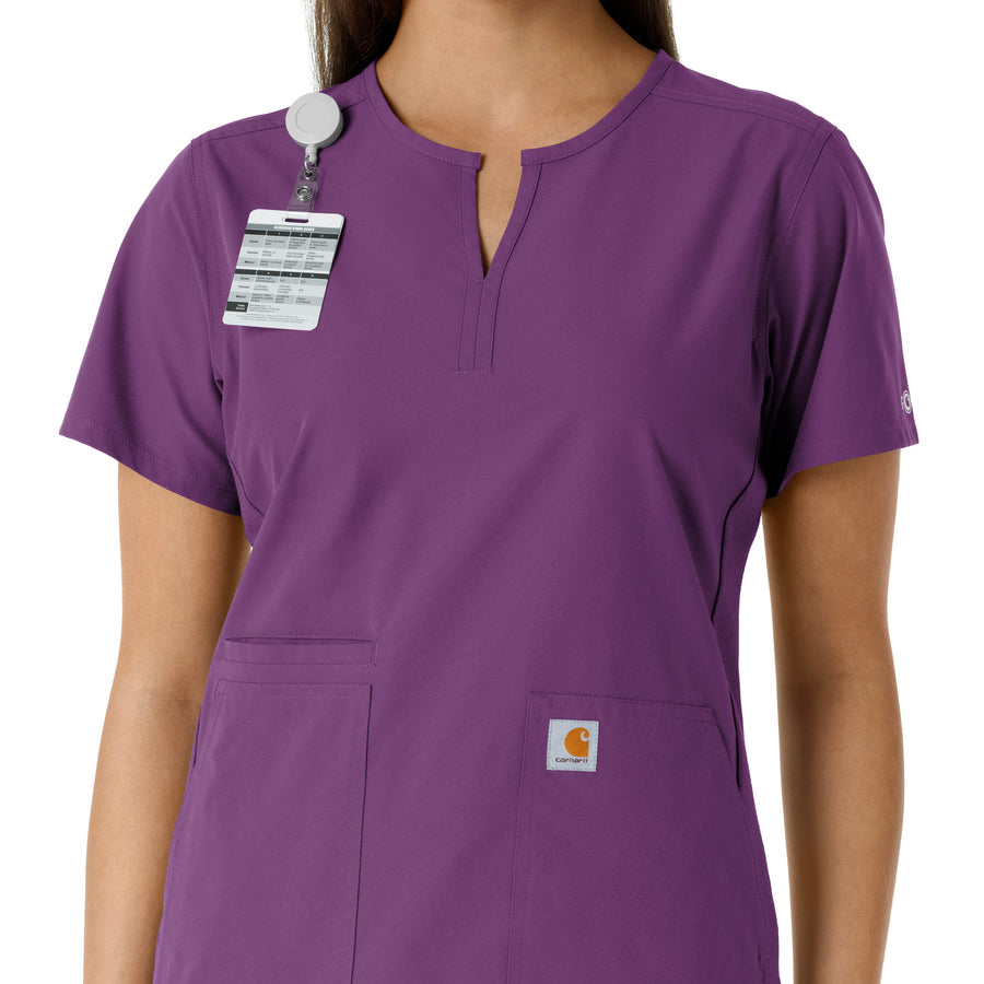 Force Essentials Women's Notch Neck Tunic Knit Panel Scrub Top Eggplant side detail 1