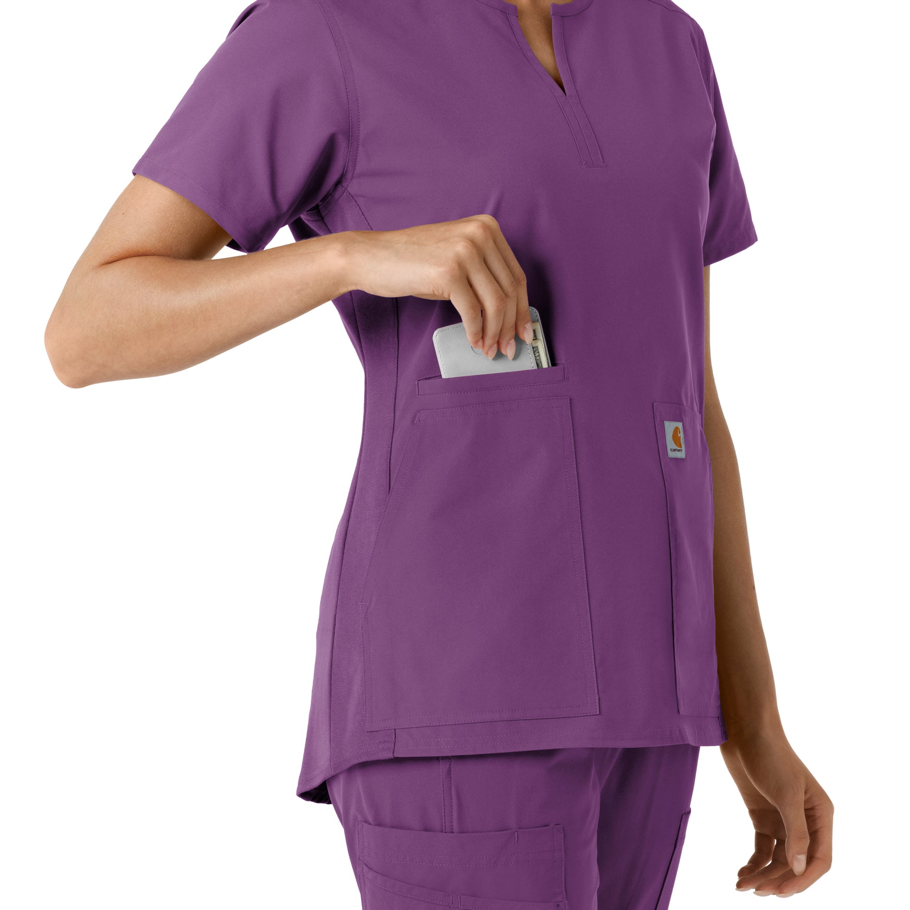 Force Essentials Women's Notch Neck Tunic Knit Panel Scrub Top Eggplant side detail 2