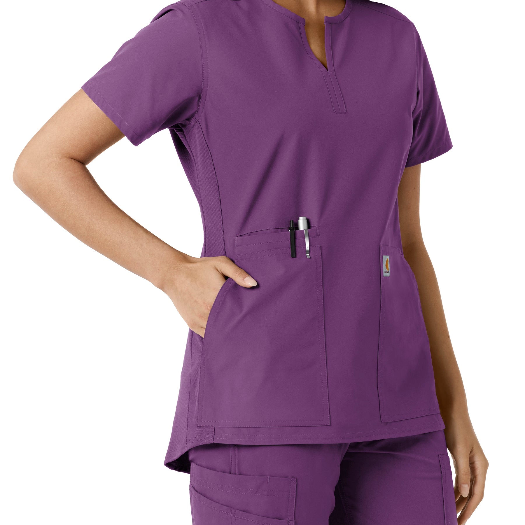 Force Essentials Women's Notch Neck Tunic Knit Panel Scrub Top Eggplant hemline detail