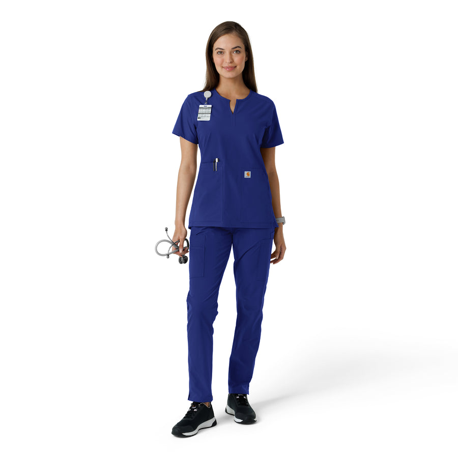 Force Essentials Women's Notch Neck Tunic Knit Panel Scrub Top Galaxy Blue full scrub set