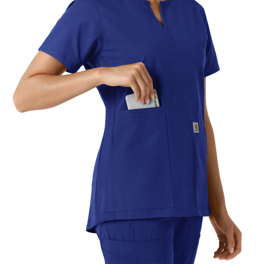 Force Essentials Women's Notch Neck Tunic Knit Panel Scrub Top Galaxy Blue side detail 2