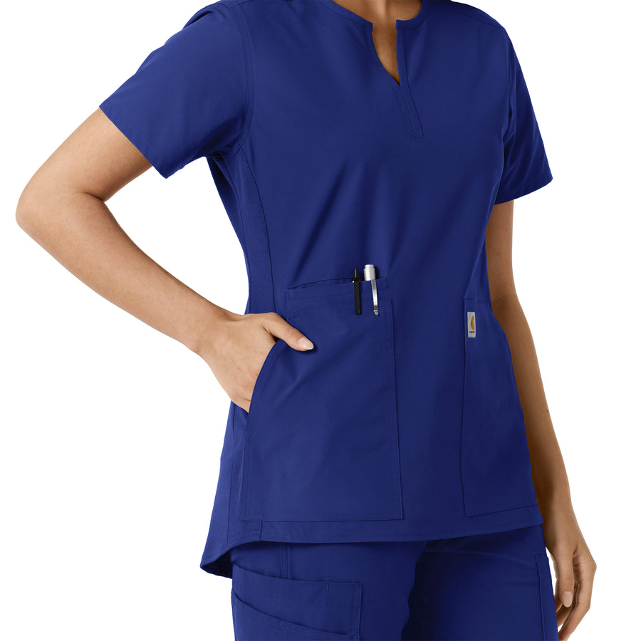 Force Essentials Women's Notch Neck Tunic Knit Panel Scrub Top Galaxy Blue hemline detail