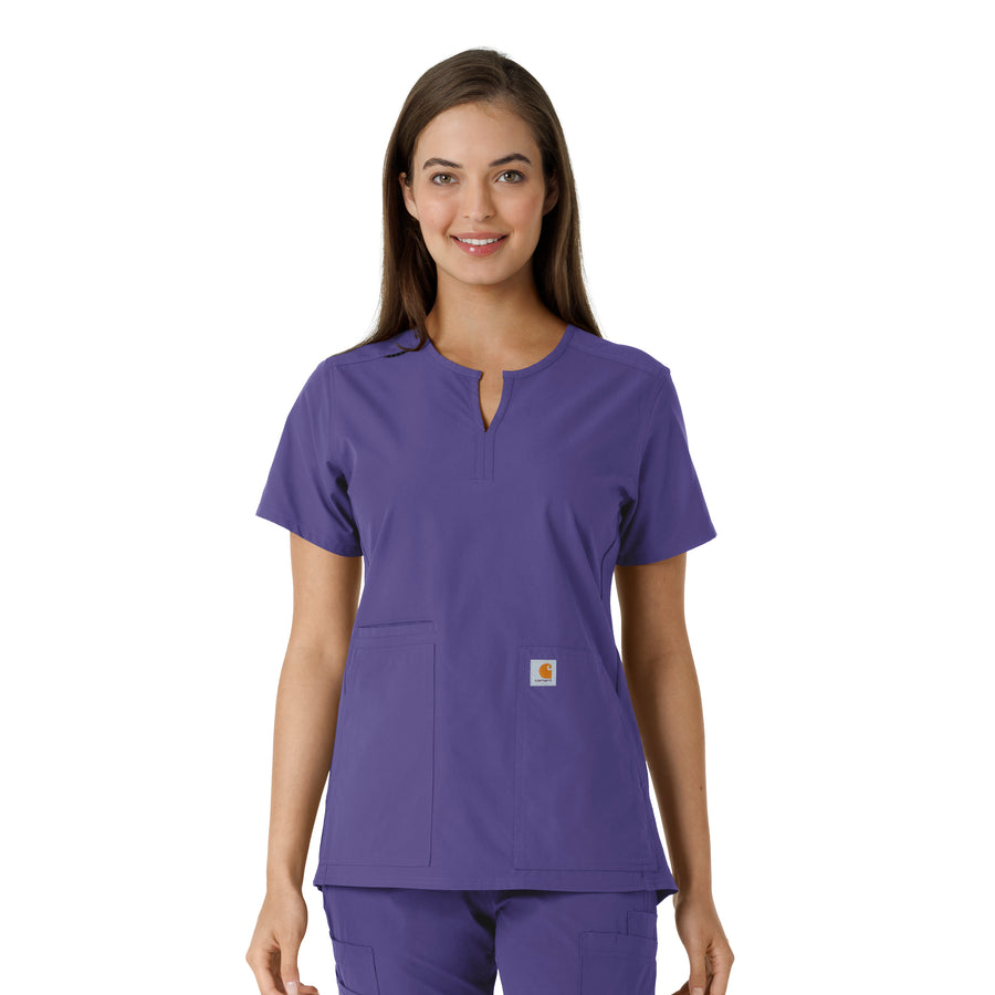 Force Essentials Women's Notch Neck Tunic Knit Panel Scrub Top Grape